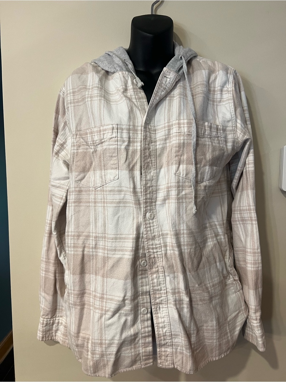 PacSun Men's Plaid Hooded Button-Up in Beige and White